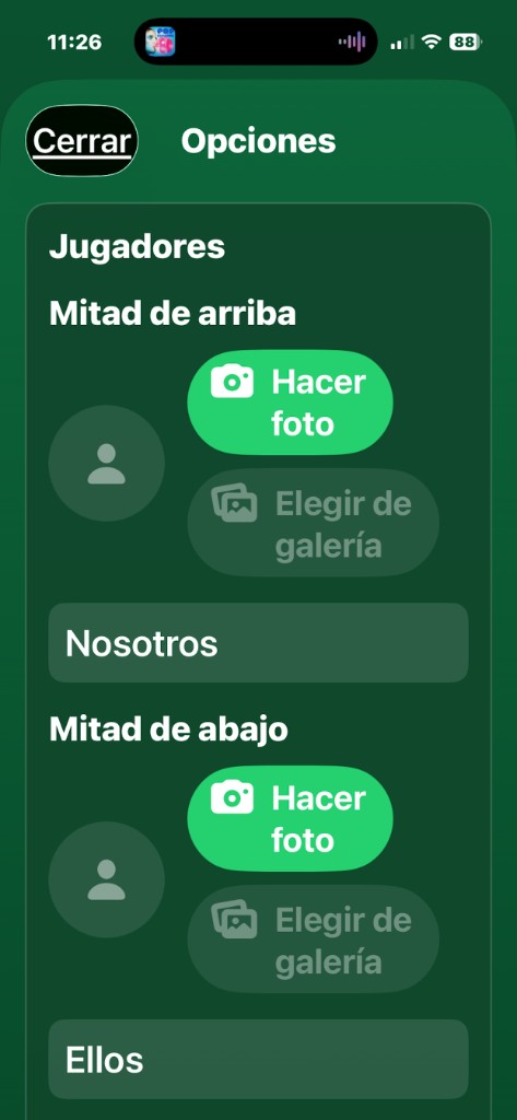 Pantalla de opciones para jugadores con cámara y galería