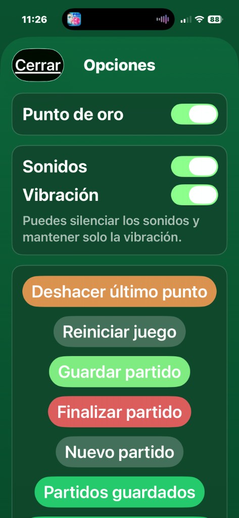 Pantalla de opciones con sonido, vibración y acciones del partido